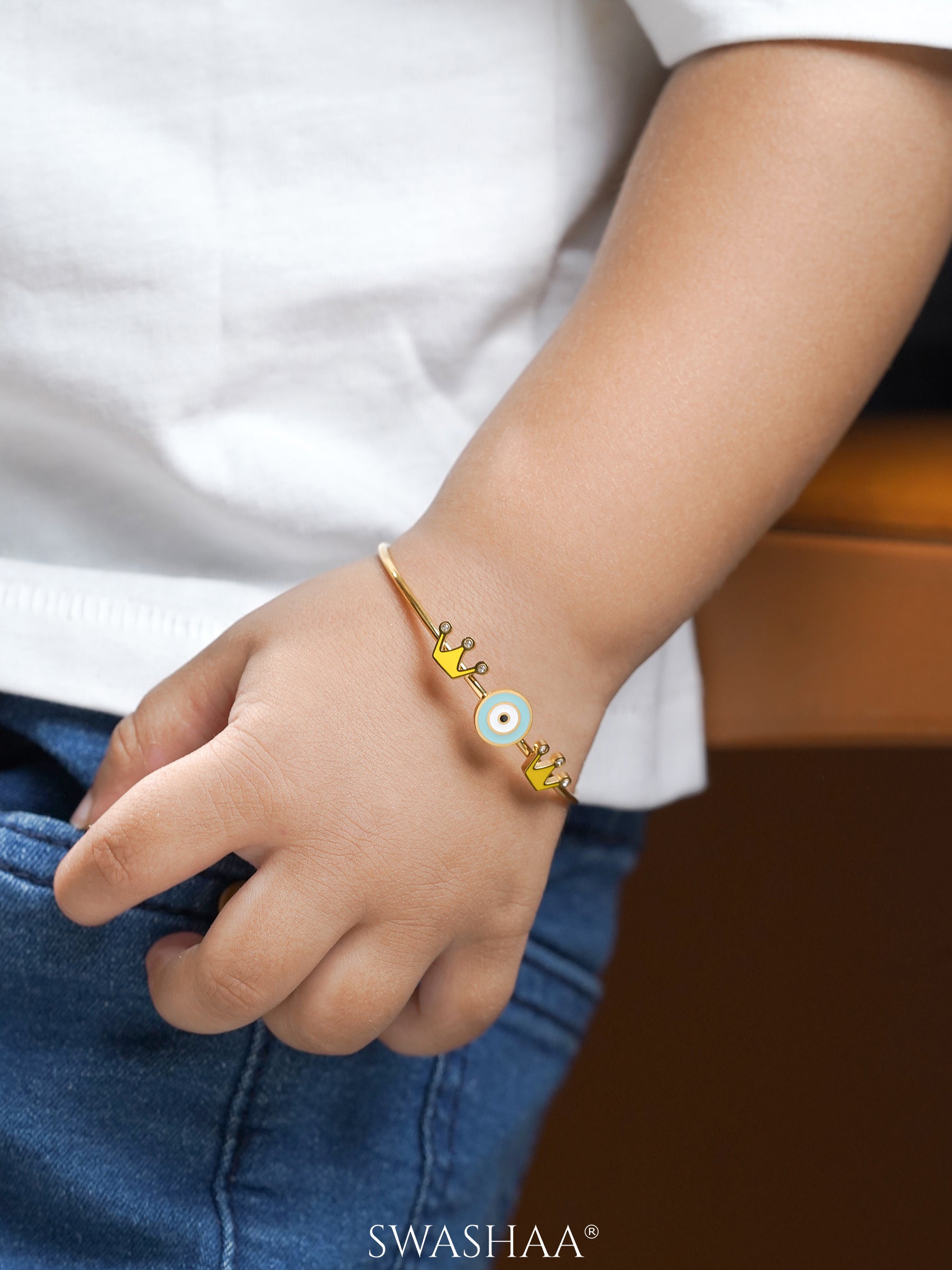 Twinkle Crown Evil Eye 18K Gold Plated Kid's Kada Bracelet