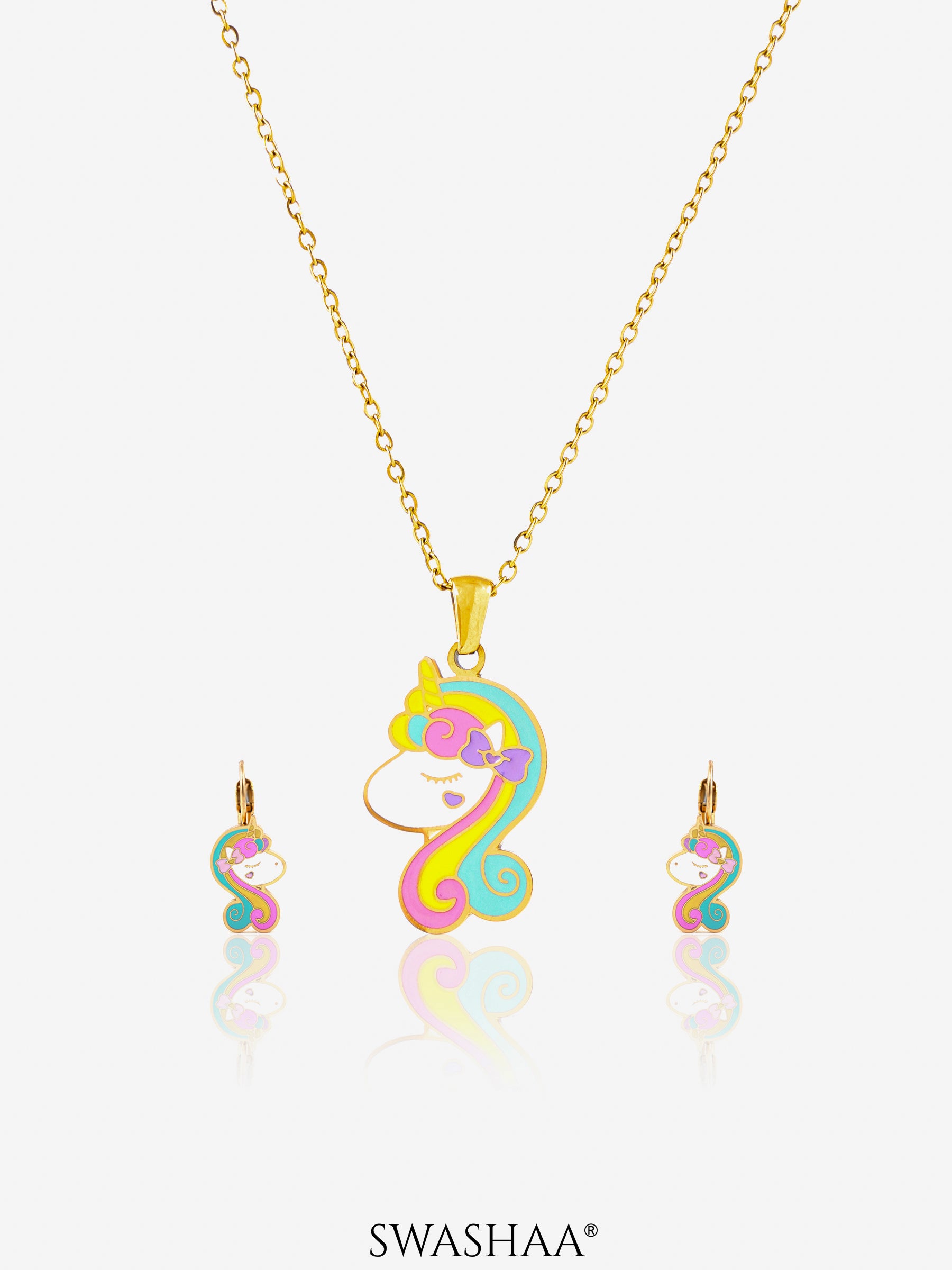 Unicorn Face 18K Gold Plated Kid's Pendant Necklace Set Gold