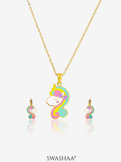 Unicorn Face 18K Gold Plated Kid's Pendant Necklace Set Gold