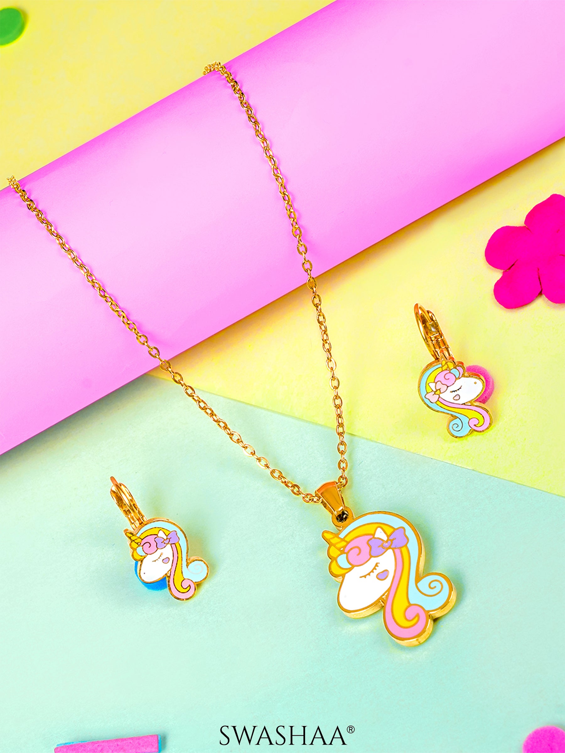 Unicorn Face 18K Gold Plated Kid's Pendant Necklace Set