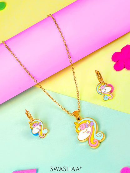 Unicorn Face 18K Gold Plated Kid's Pendant Necklace Set