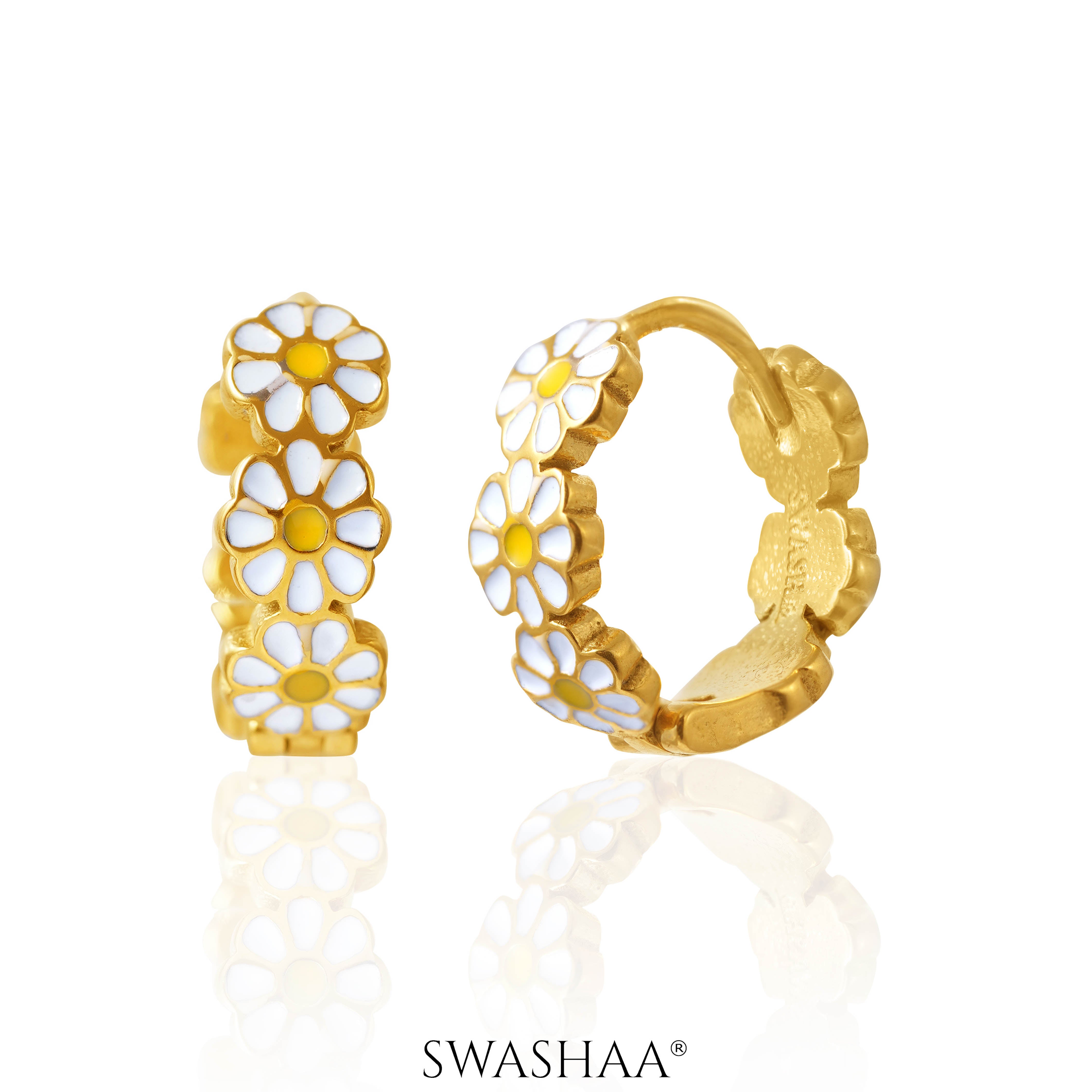 White Flower 18K Gold Plated Kid's Hoops Earrings Gold